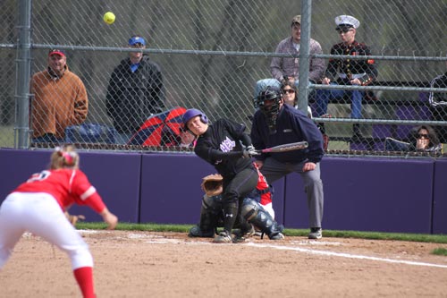 Lady Wildcat Brandi Funburg blasts one of her hits against Lyon College; Funburg was 5 for 7 with 2 RBI in the double header.